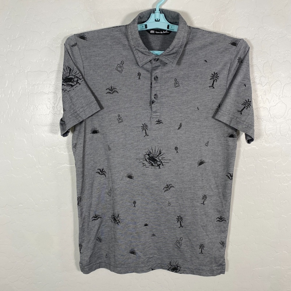 Travis‎ Mathew Polo Shirt Mens Small Gray Golf Tequila Skeleton Beach Palms